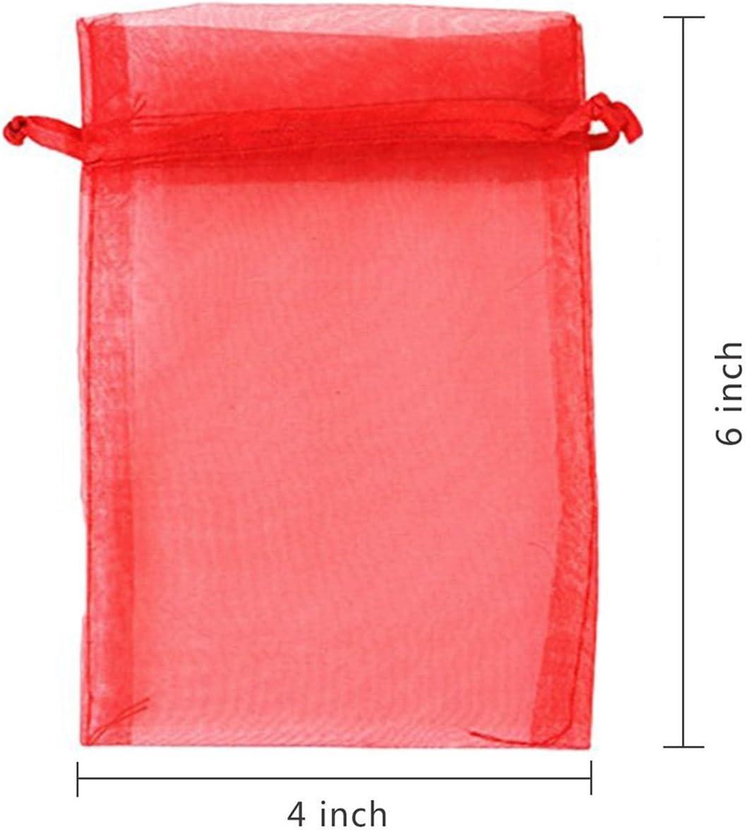 100PCS 4x6inch (10x15cm) Drawstring Organza Jewelry Favor Pouches Wedding Party Festival Gift Bags Candy Bags (Red)