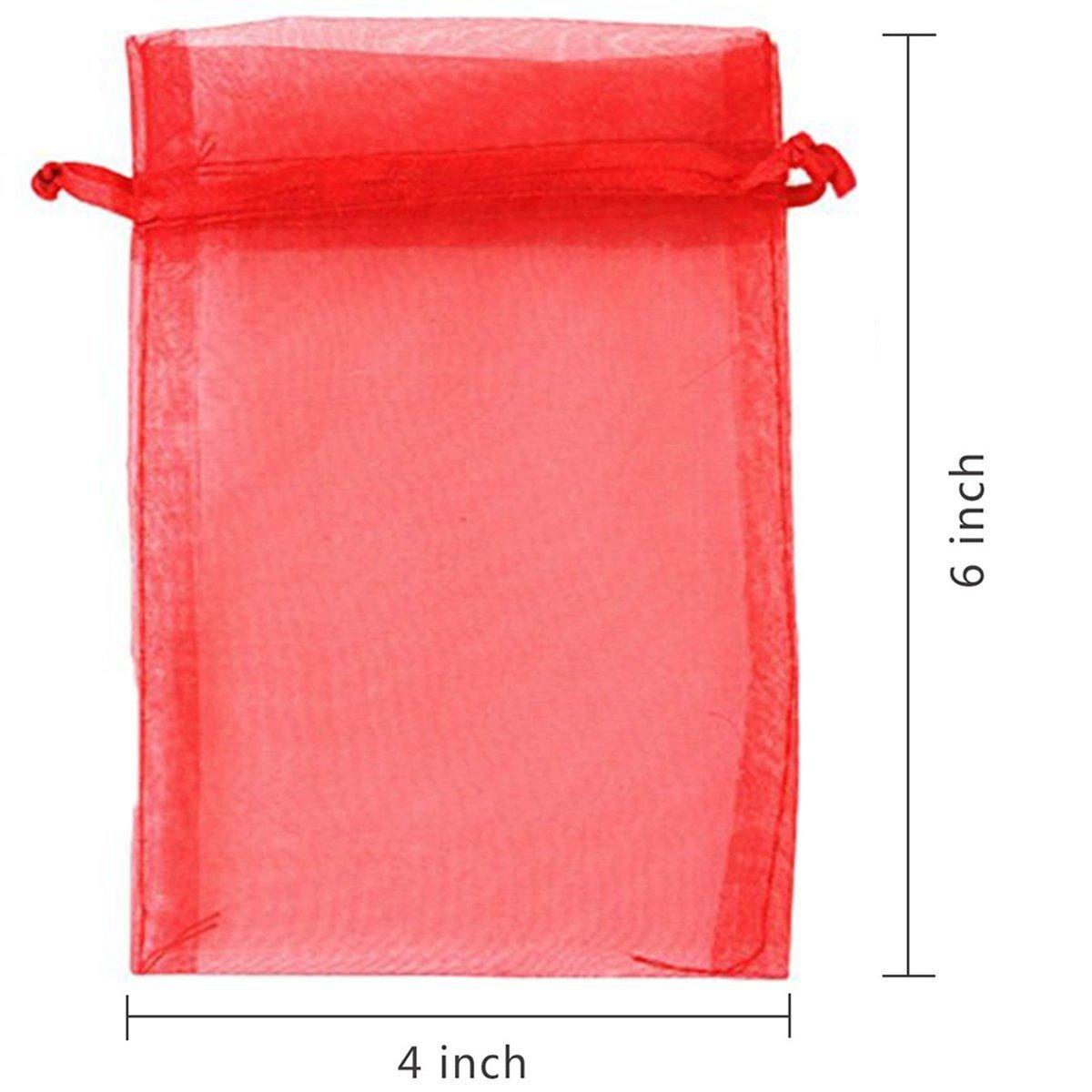 100PCS 4x6inch (10x15cm) Drawstring Organza Jewelry Favor Pouches Wedding Party Festival Gift Bags Candy Bags (Red)