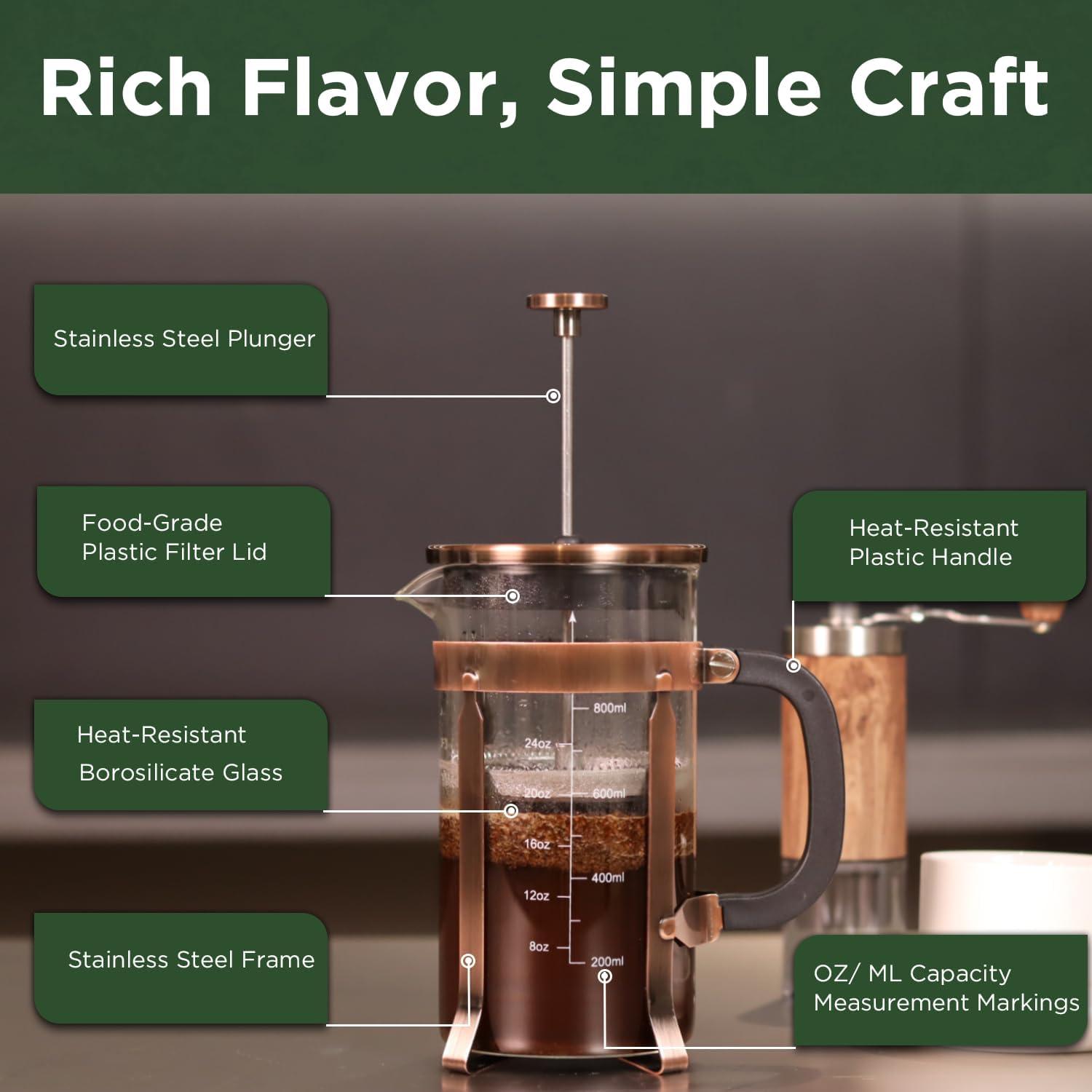 French Press Coffee Maker (21oz 600ML 3-4Cup) Coffee Press, with 4 Filters System, Heat Resistant Thickness Borosilicate Glass, Cold Brew Coffee Tea Pot Gifts (Copper)