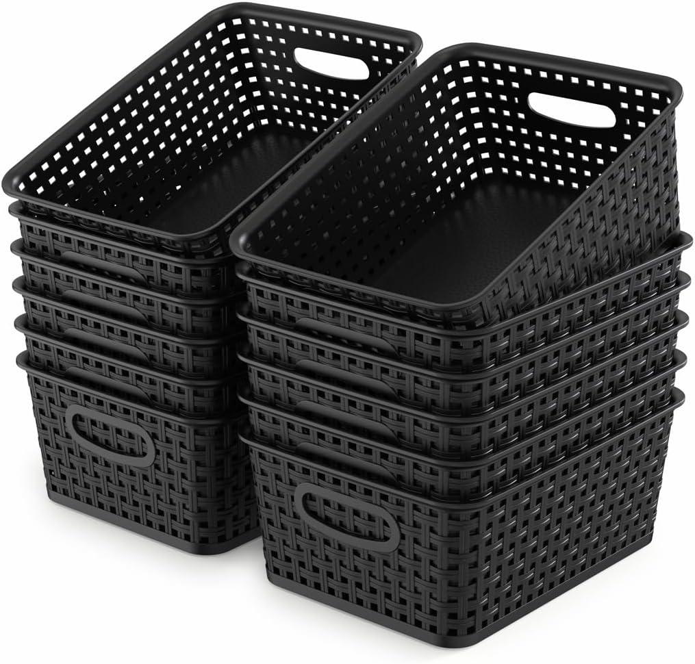 IRIS USA Small Plastic Storage Basket, 12-Pack, Shelf Basket Organizer for Pantries Kitchens Cabinets Bedrooms, Black
