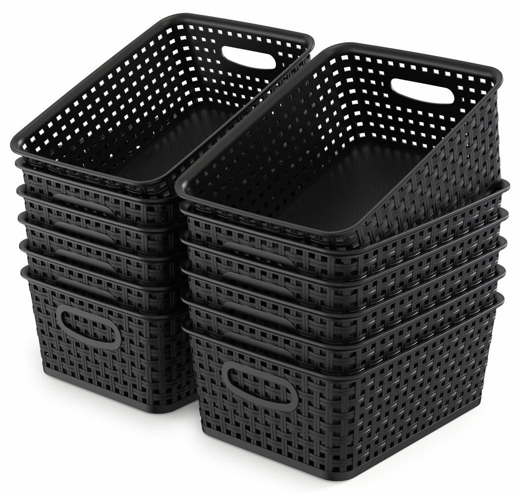 IRIS USA Small Plastic Storage Basket, 12-Pack, Shelf Basket Organizer for Pantries Kitchens Cabinets Bedrooms, Black