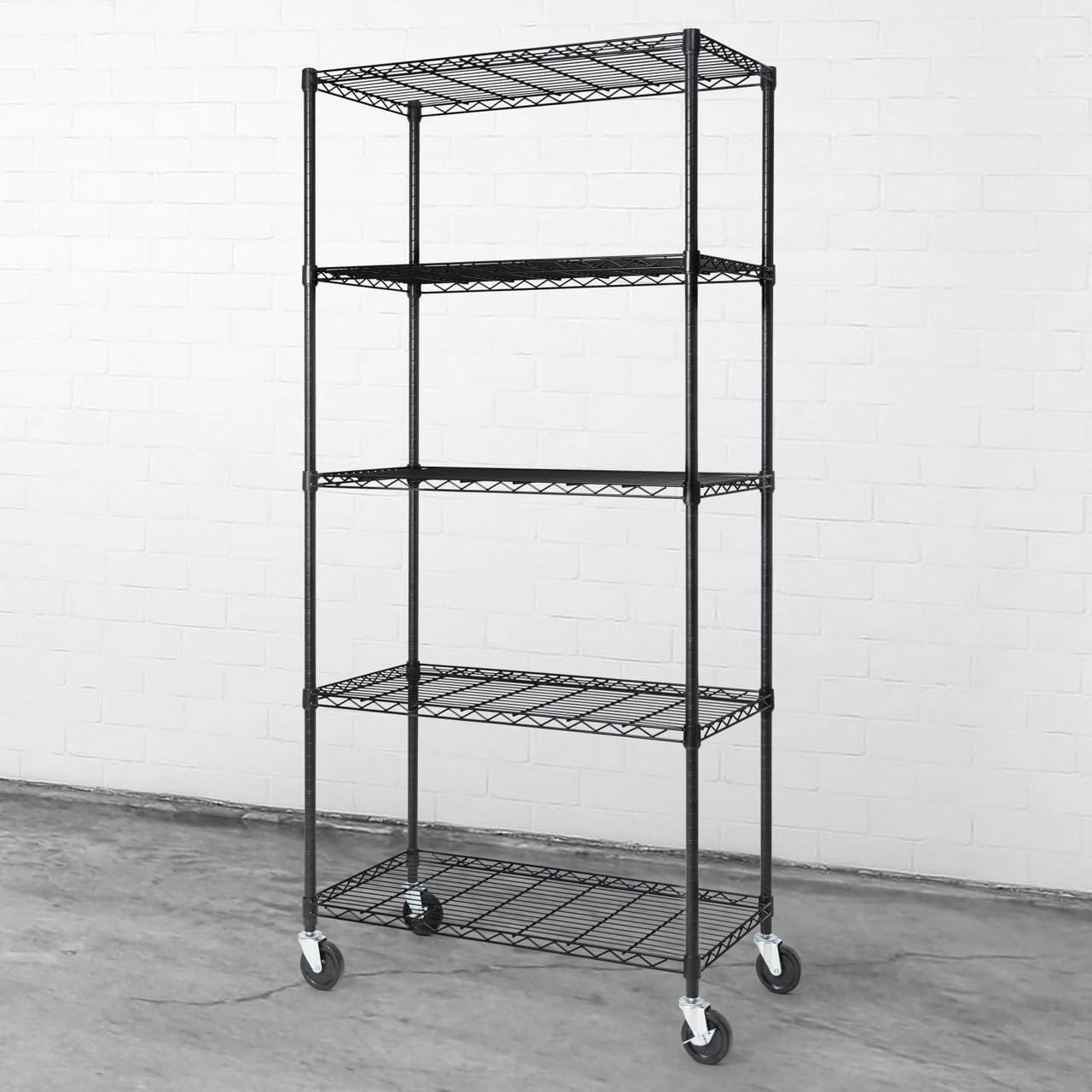 CAPHAUS NSF Heavy Duty Commercial Adjustable Wire Shelving w/ Wheels & Leveling Feet, Kitchen Storage Metal Shelf, Garage Storage Shelving, Utility Wire Rack Storage Unit, Black 36 x 18 x 76 5-Tier