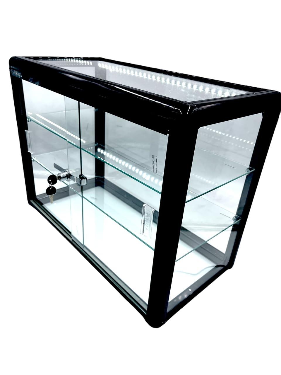 Only Garment Racks Elegant Black Aluminum Display Table Top Tempered Glass Show Case. Sliding Glass Doors with Lock