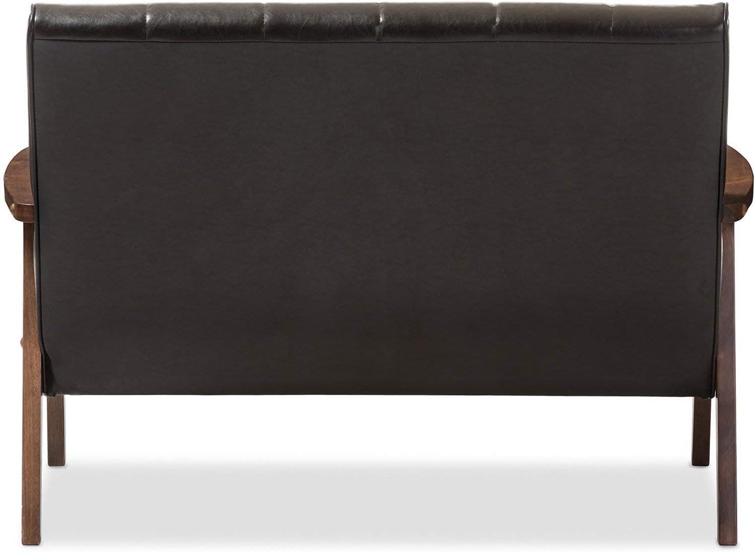 Nikko Mid-Century Modern Scandinavian Style Faux Leather Wooden 2 Seater Loveseat Dark Brown - Baxton Studio: Compact, Rubberwood Frame, Easy to Clean