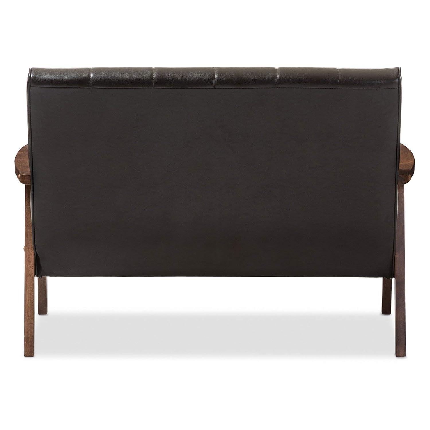 Nikko Mid-Century Modern Scandinavian Style Faux Leather Wooden 2 Seater Loveseat Black - Baxton Studio: Rubberwood Frame