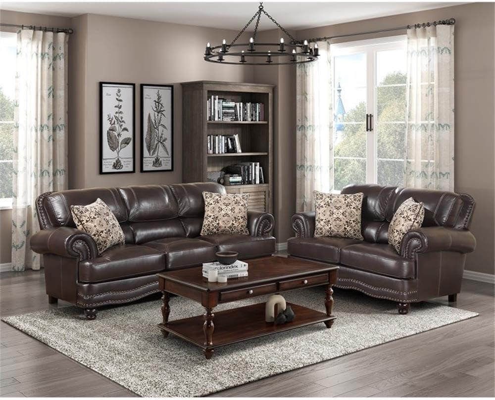 Milford Brown Faux Leather 2-Piece Sofa Set with Nailhead Trim