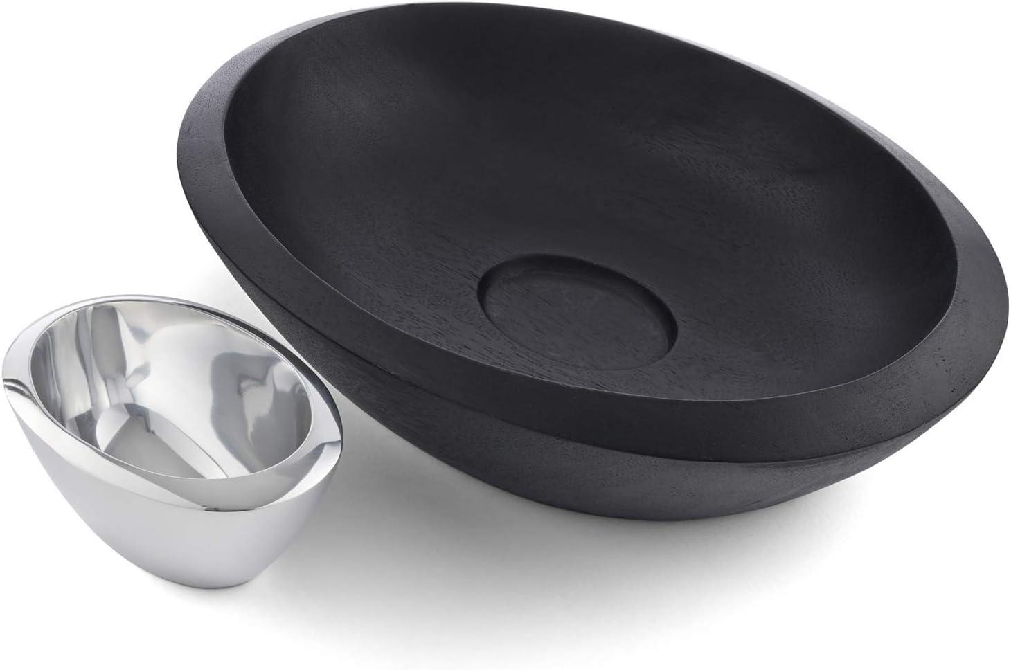 Nambe - Noir Collection Dark Stained Acacia Wood Chip & Dip Serving Bowl with Nambe Alloy Dip Bowl #MT1468