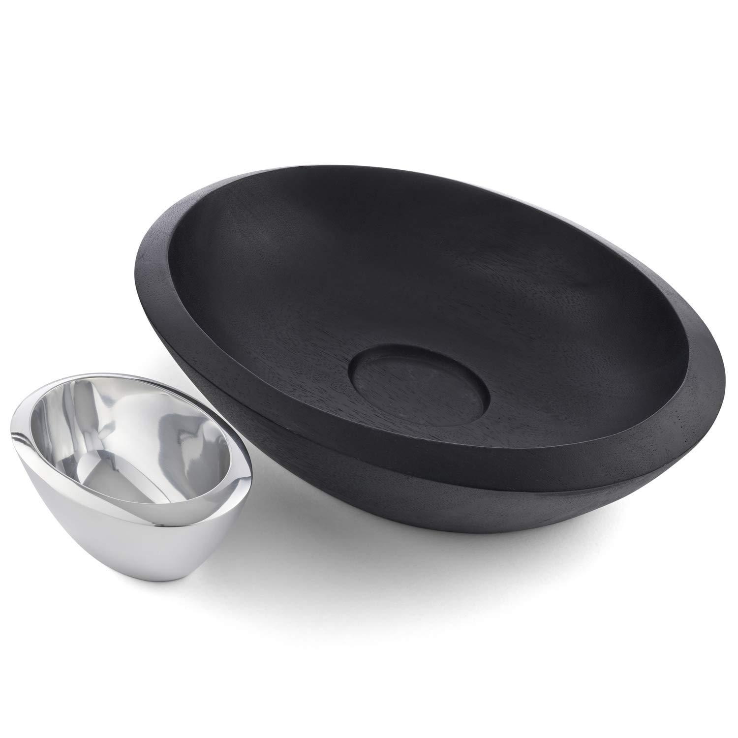 Nambe - Noir Collection Dark Stained Acacia Wood Chip & Dip Serving Bowl with Nambe Alloy Dip Bowl #MT1468