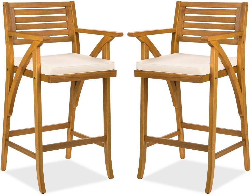 Best Choice Products Set of 2 Outdoor Acacia Wood Bar Stools Bar Chairs w/ Weather-Resistant Cushions - Teak Finish