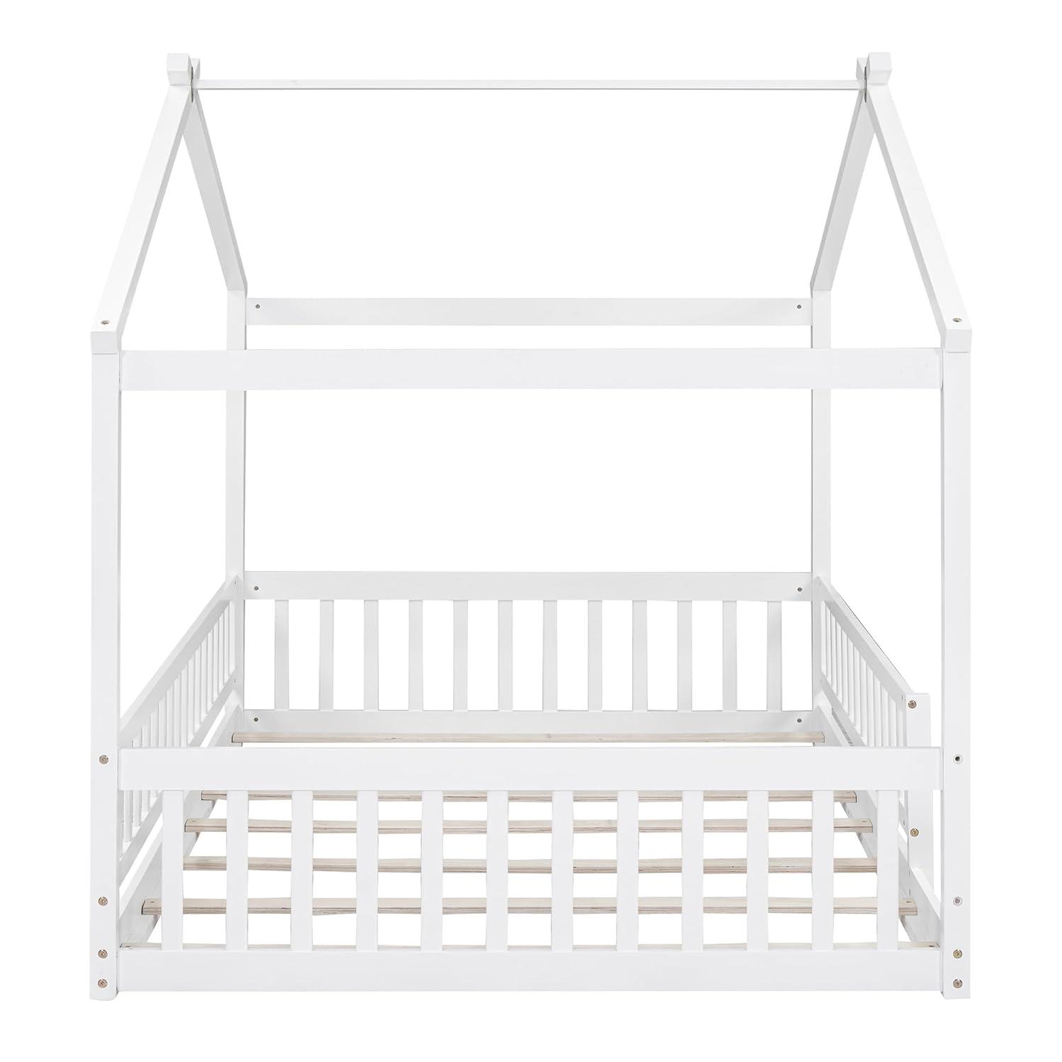 Harper & Bright Designs Full House Bed with Rails,Full Floor Bed for Kids,Full Size Montessori Bed Frame with Support Slats,Wooden Kids Full Playhouse Beds for Boys Girls(White)
