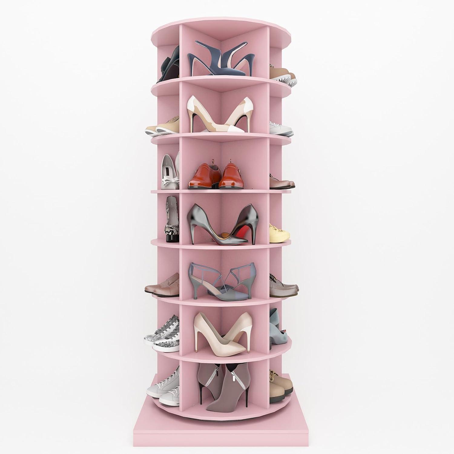 Rotating Shoe Rack Tower 360, Spinning Shoe Rack Tower 7 Tier for Closet, Entryway, Tall Shoe Storage Organizer, Holds Up to 28 Pairs of Shoes Pink