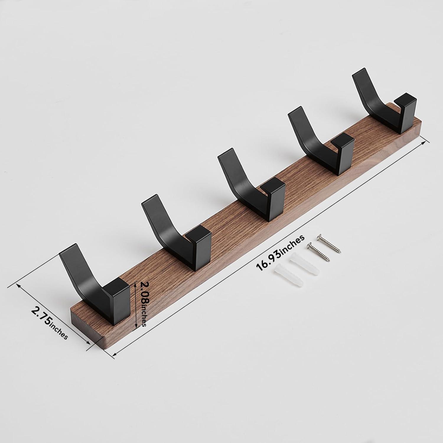 Walnut Wood Wall-Mounted Coat Rack with Black Aluminum Hooks