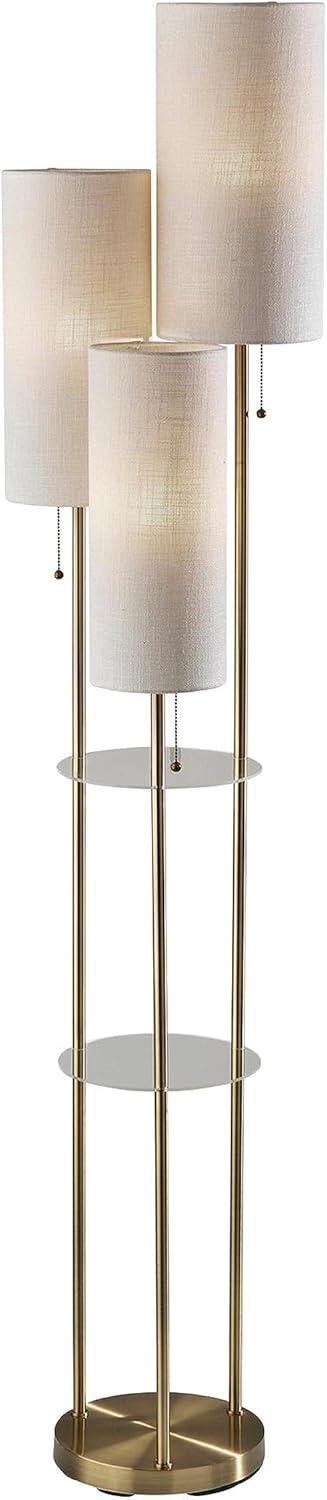 68" Antique Brass Floor Lamp with Cream Shades and Shelves