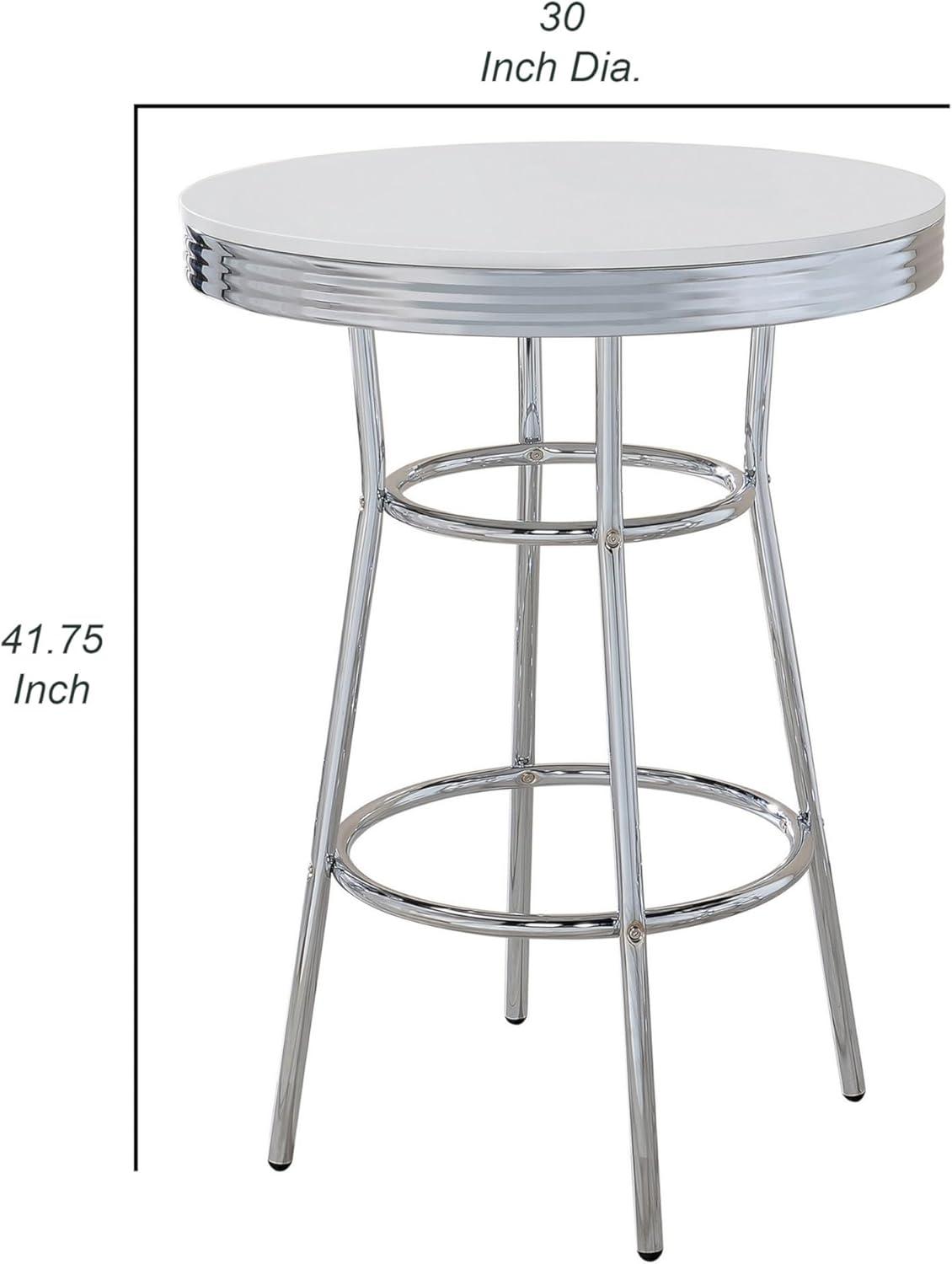 Glossy White and Chrome Round Bar Height Table with Ribbed Apron