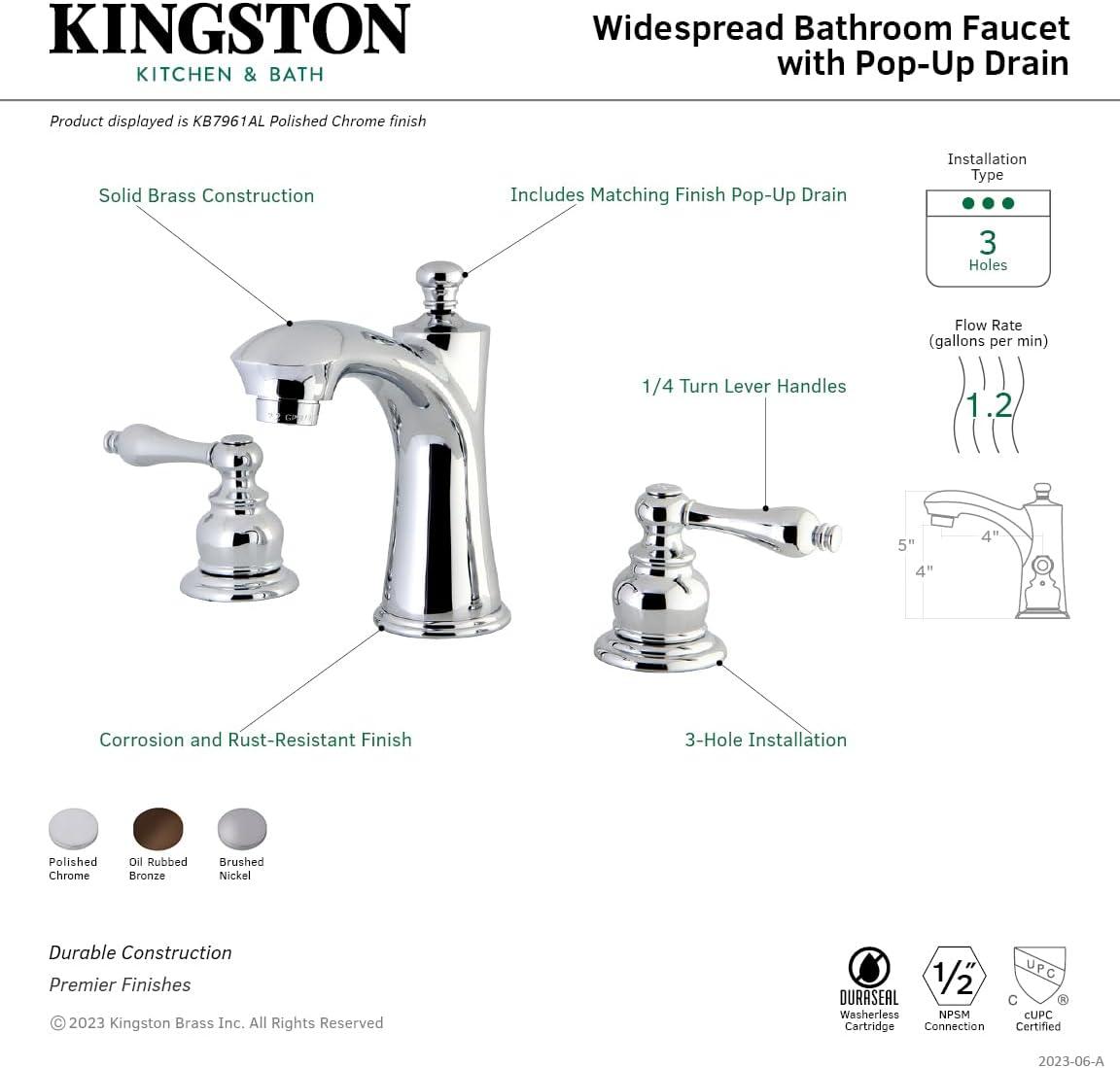 Kingston Brass Victorian Two-Handle 3-Hole Deck Mount Widespread Bathroom Faucet with Retail Pop-Up Drain