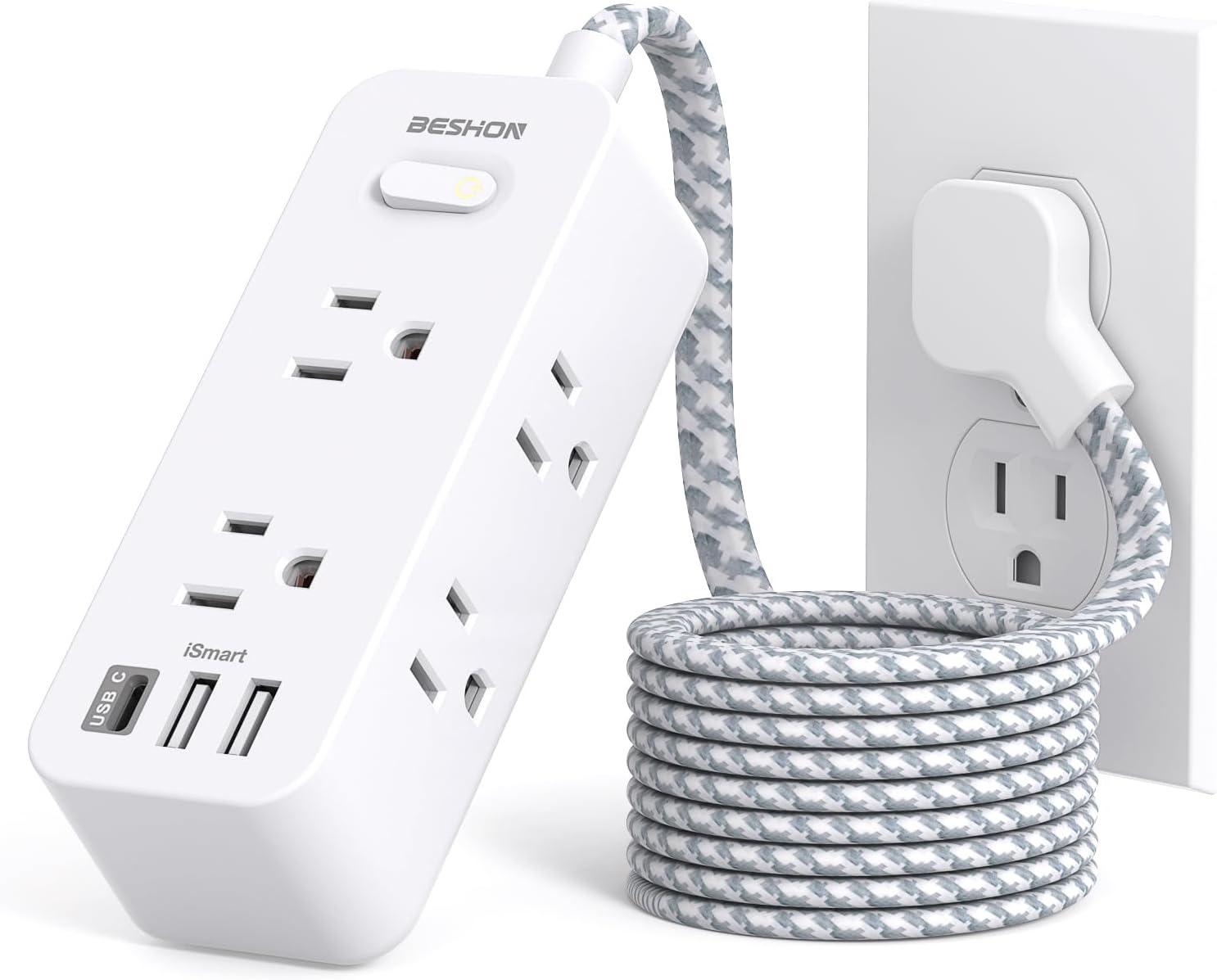 White 5ft Power Strip with 6 Outlets and 3 USB Ports