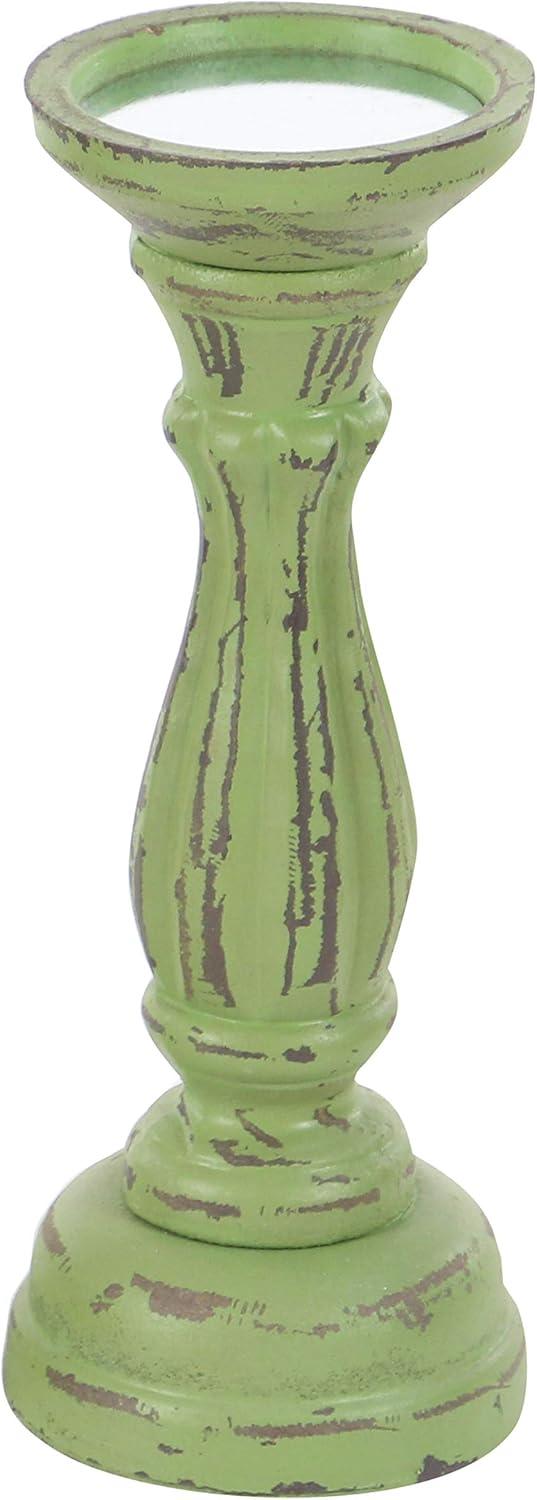 DecMode 3 Candle Green Wooden Distressed Turned Pillar Candle Holder, Set of 3