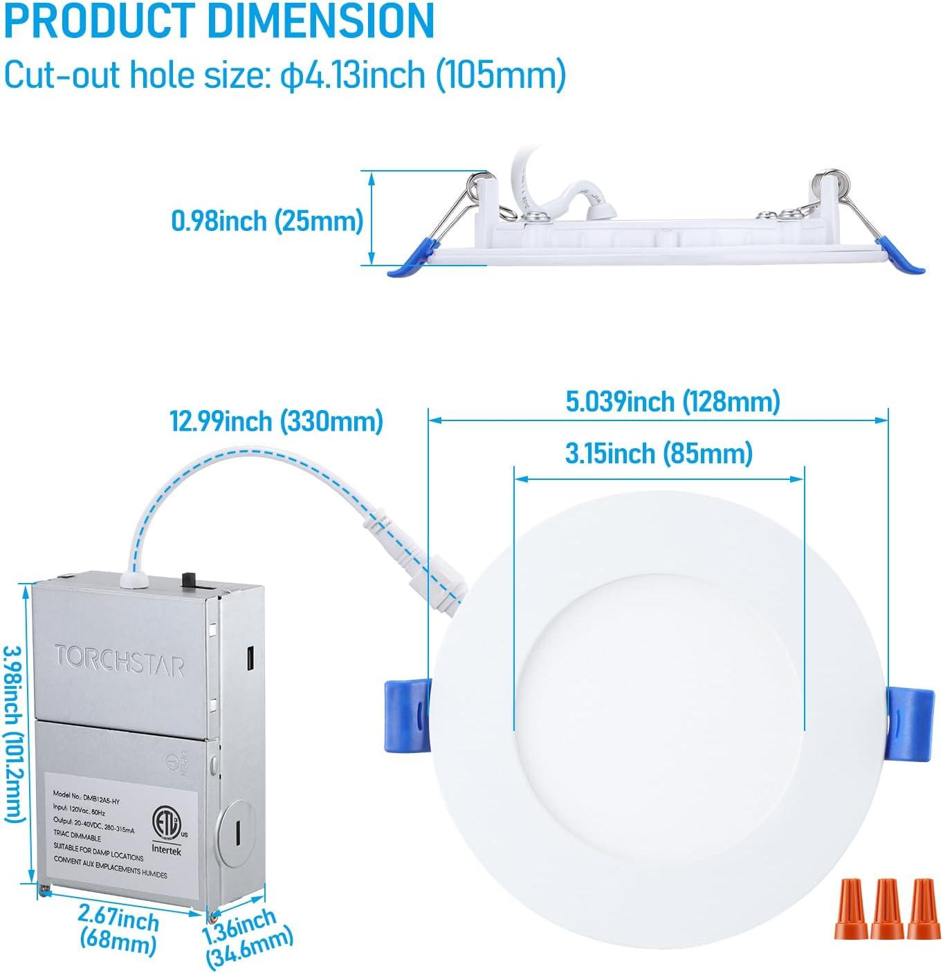 TORCHSTAR 12 Pack 4" 5CCT Dimmable LED Recessed Light with J-Box, 2700K/3000K/3500K/4000K/5000K Selectable, 10W LED Downlight, Aluminum, High Brightness, ETL & Energy Star