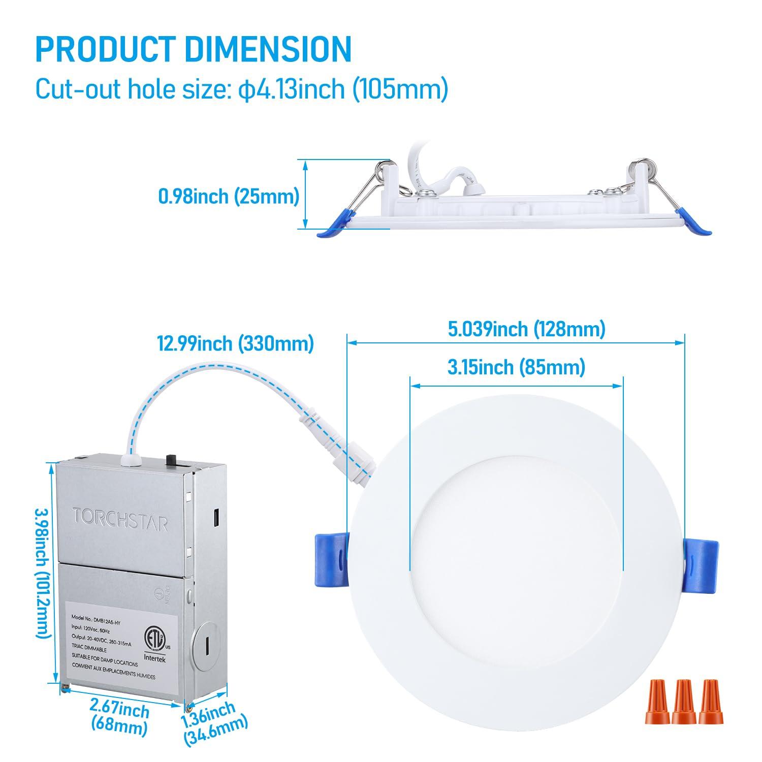 TORCHSTAR 12 Pack 4" 5CCT Dimmable LED Recessed Light with J-Box, 2700K/3000K/3500K/4000K/5000K Selectable, 10W LED Downlight, Aluminum, High Brightness, ETL & Energy Star