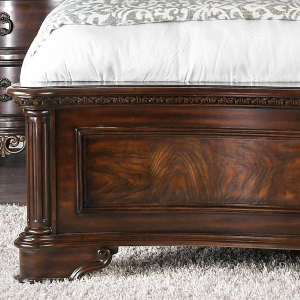 Brown Cherry King Panel Bed with Ornate Headboard