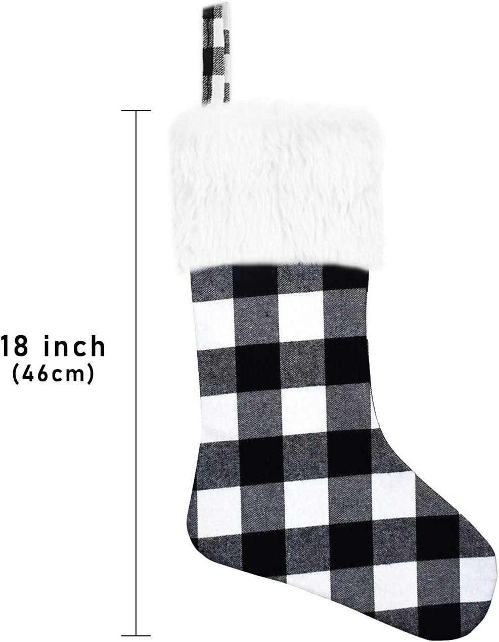 Christmas Stockings- 4 Pcs 18inch Buffalo Plaid Christmas Stockings with Plush Faux Fur Cuff, Classic Large Christmas Stockings Decorations for Family Christmas Holiday Party (Black and White)