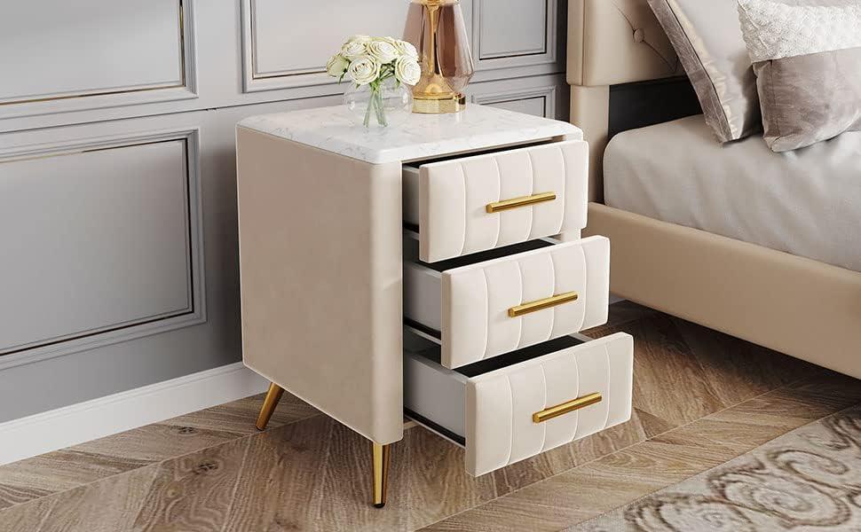 Churanty Upholstered Wooden Nightstand with 3 Drawers and Metal Legs & Handles,Bedside Table with Marbling Worktop,Beige