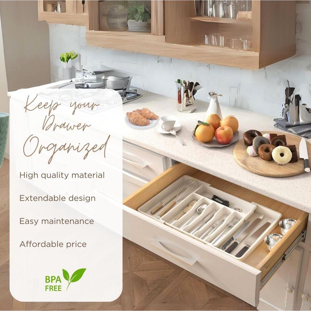 Charext Expandable Silverware Drawer Organizer with Large Capacity, Non-Slip Silicone Pads Flatware Divider, Easy to Clean, Elegant Design Reduces Slippage, Fits Any Kitchen or Home Style