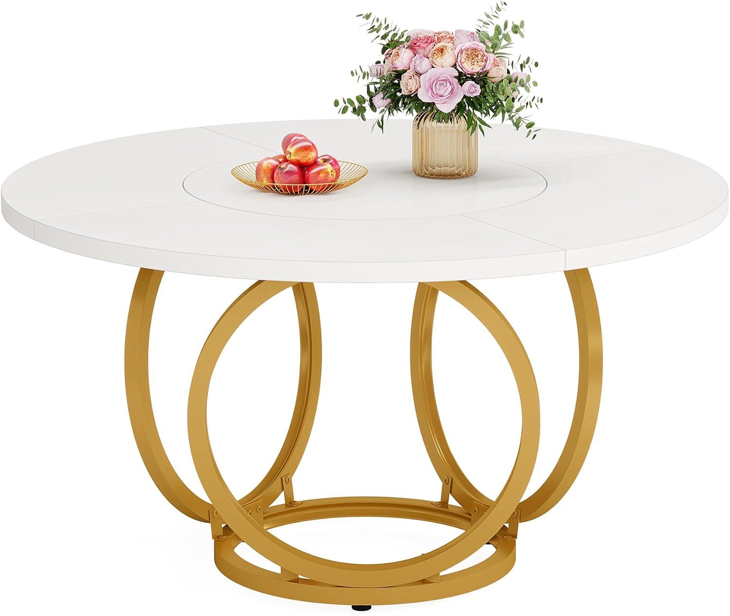 47 inch Dining Table for Dining Room, 4 People Round Dinner Table white & Gold