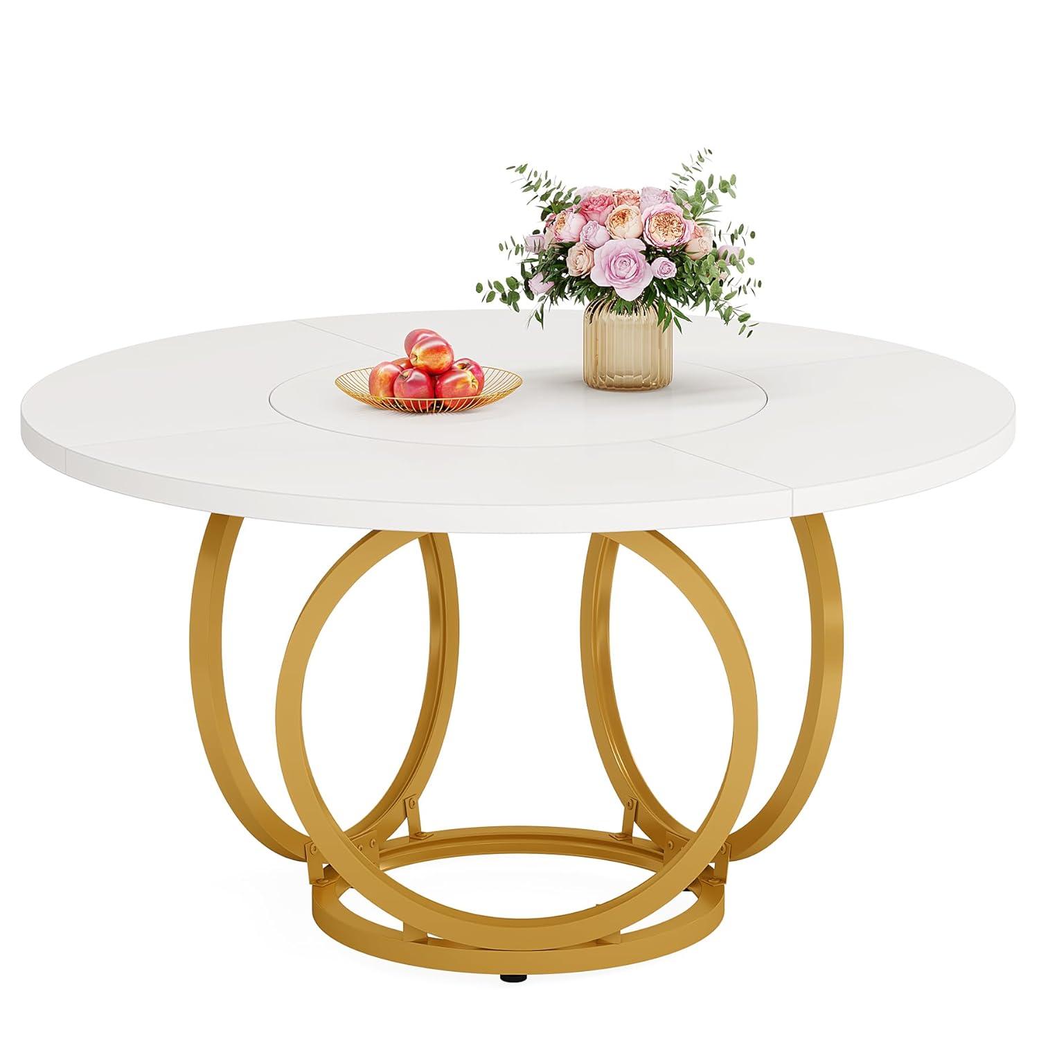 47 inch Dining Table for Dining Room, 4 People Round Dinner Table white & Gold