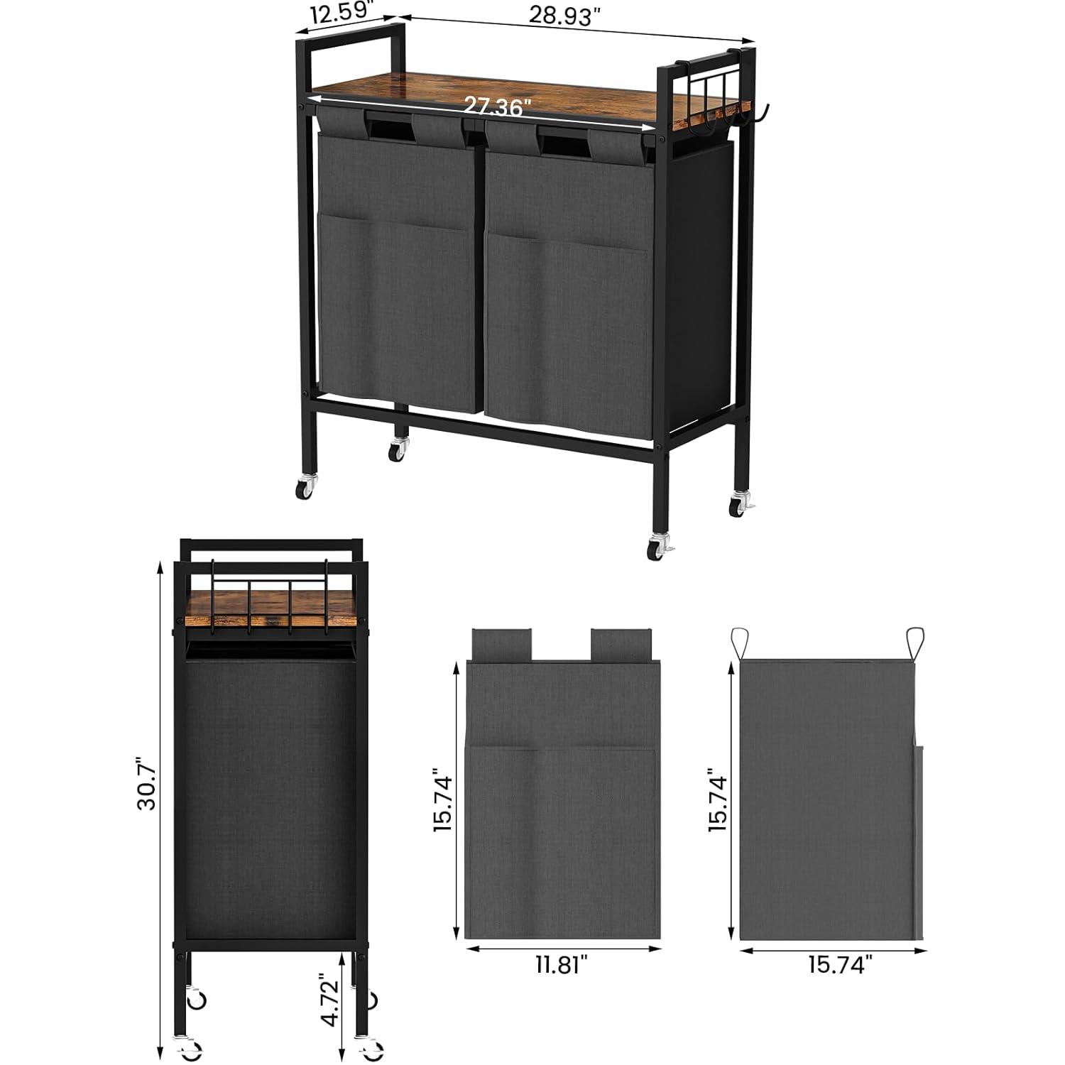VASAGLE 46L Laundry Hamper Laundry Basket with 2 Pull-Out Bags Laundry Sorter with Shelf Rustic Brown and Black