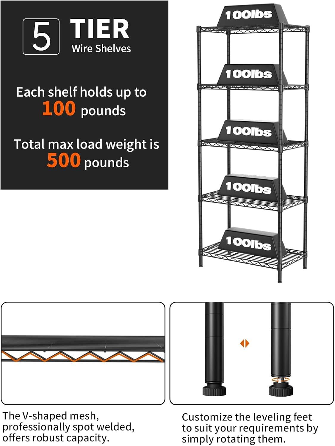 Adjustable Black Metal 5-Shelf Wire Storage Unit