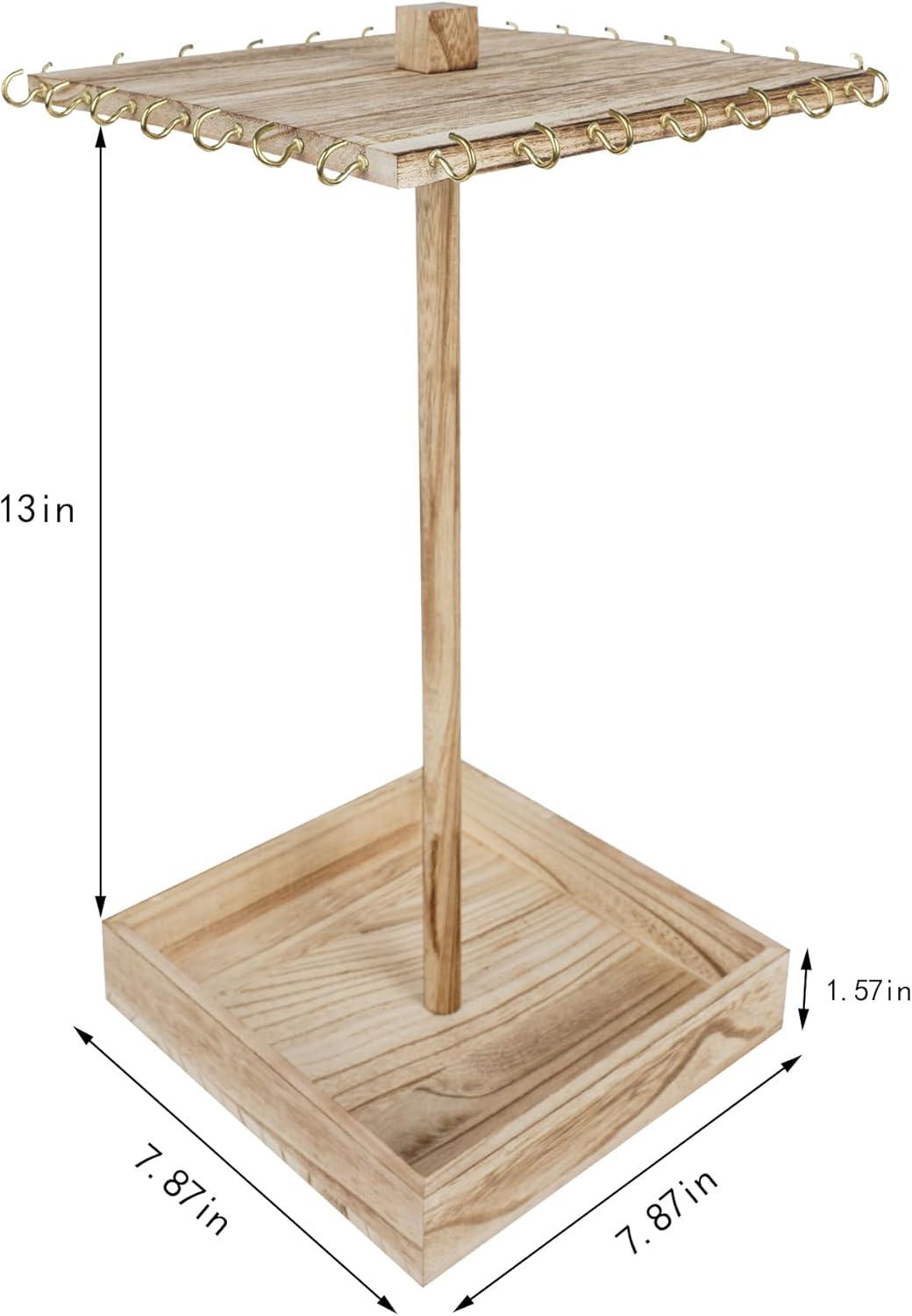 Natural Wood Rotating Jewelry Stand with 28 Hooks