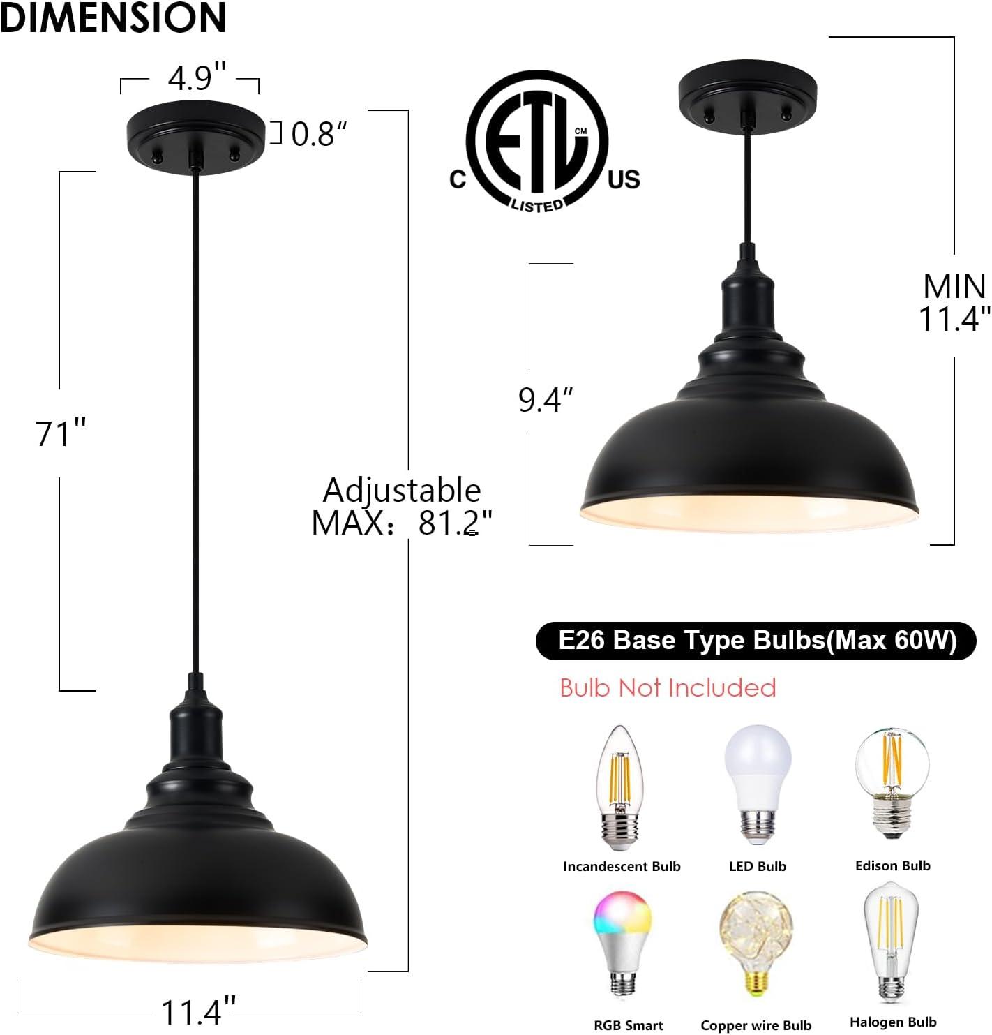 KAYYELAMP 3-Pack Black Metal Shade Hanging Light E26 Black Base Adjustable Height Droplight Retro Design Pendant Light for Kitchen Island Sink Home