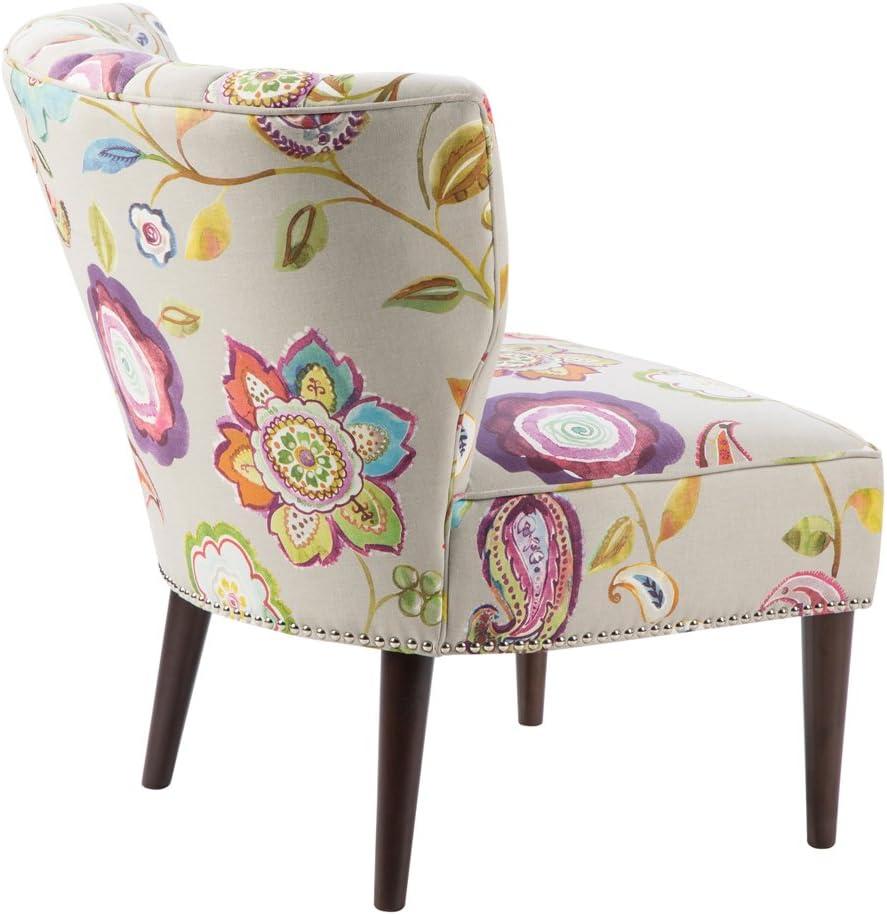 Remy Channel Back Slipper Chair Green/Cream: Madison Park, Wingback Design, Floral Pattern, Wood Legs
