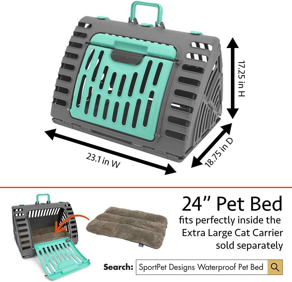 Sport Pet Designs, Foldable Plastic Travel Cat Carrier, Waterproof Bed included, 35 lb Limit, Gray