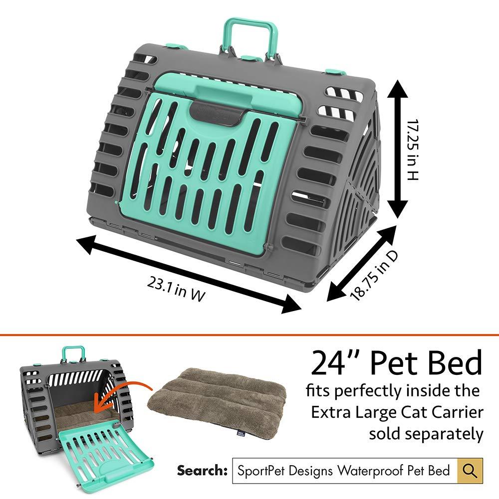 Sport Pet Designs, Foldable Plastic Travel Cat Carrier, Waterproof Bed included, 35 lb Limit, Gray