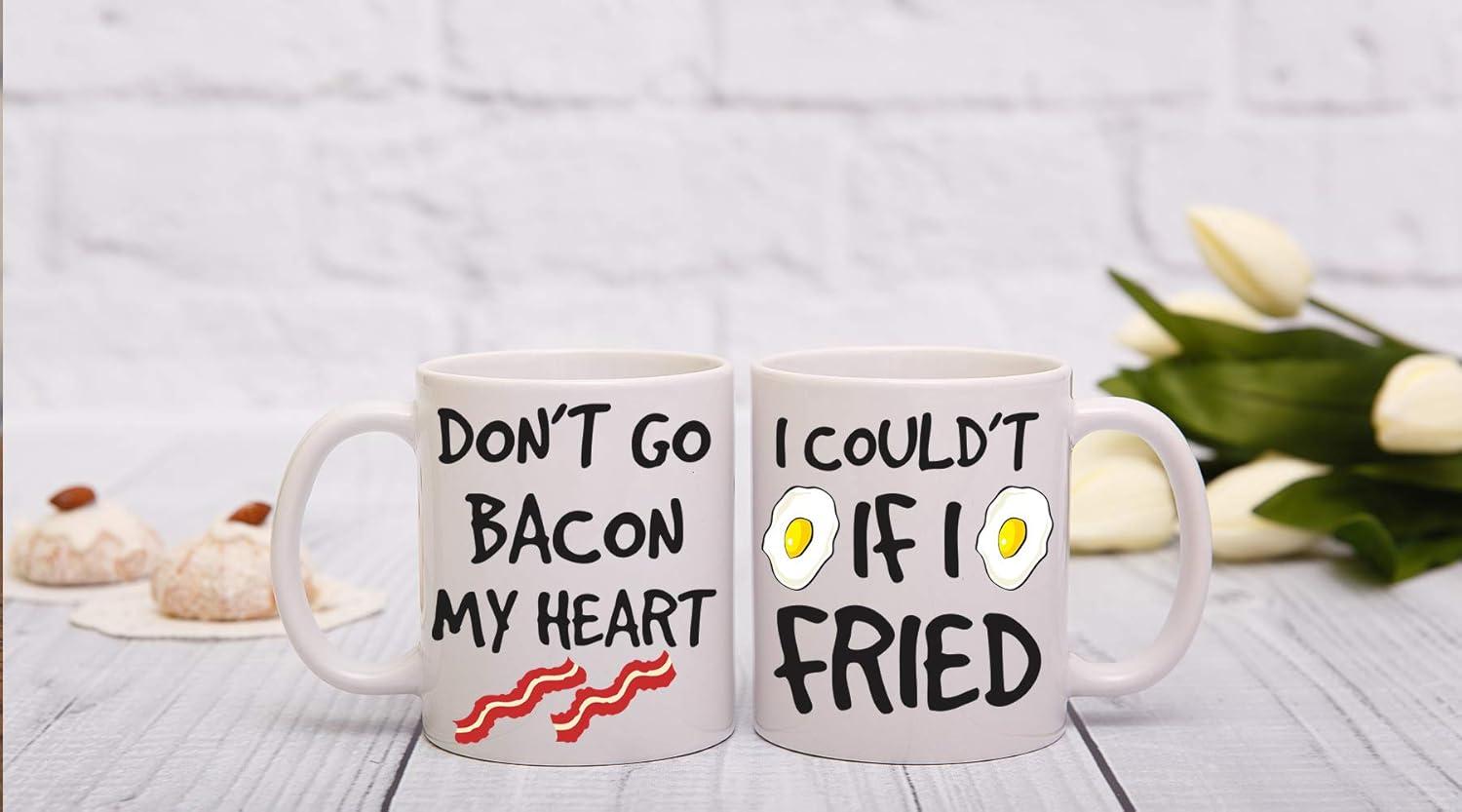 Don't Go Bacon My Heart, Could't If I Fried - Funny Couple Mug - (2) 11OZ Coffee Mug - Funny Mug Gift Set - Mugs For Husband and Wife His And Her Gifts - By