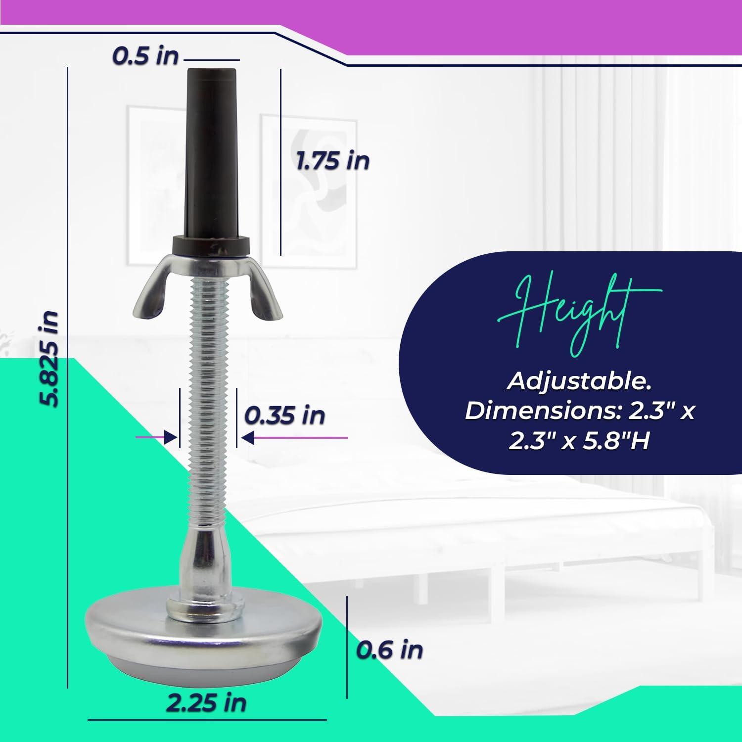 Adjustable 5.8" Chrome and Black Bed Frame Riser Glide Legs, Set of 6