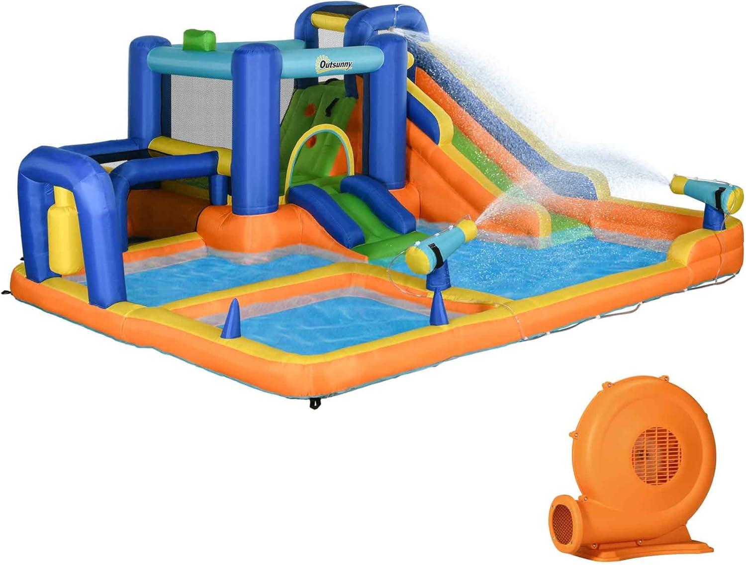Outsunny 7 in 1 Water Slide with Slide, Pool, Climbing Wall, Water Cannon, Basketball Hoop, Boxing Post, Football Stand for 3-8 Years Old Kids