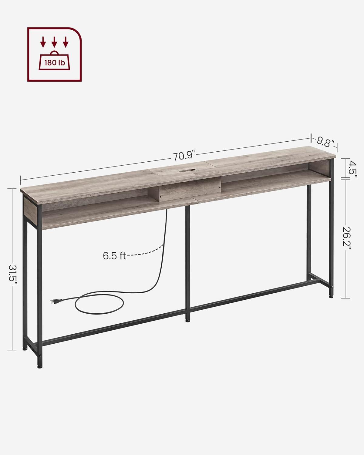 VASAGLE Narrow Console Table 70.9" with 2 Outlet and 2 USB Ports Sofa Table with Charging Station Long Entryway Table for Hallway Living Room Greige and Black