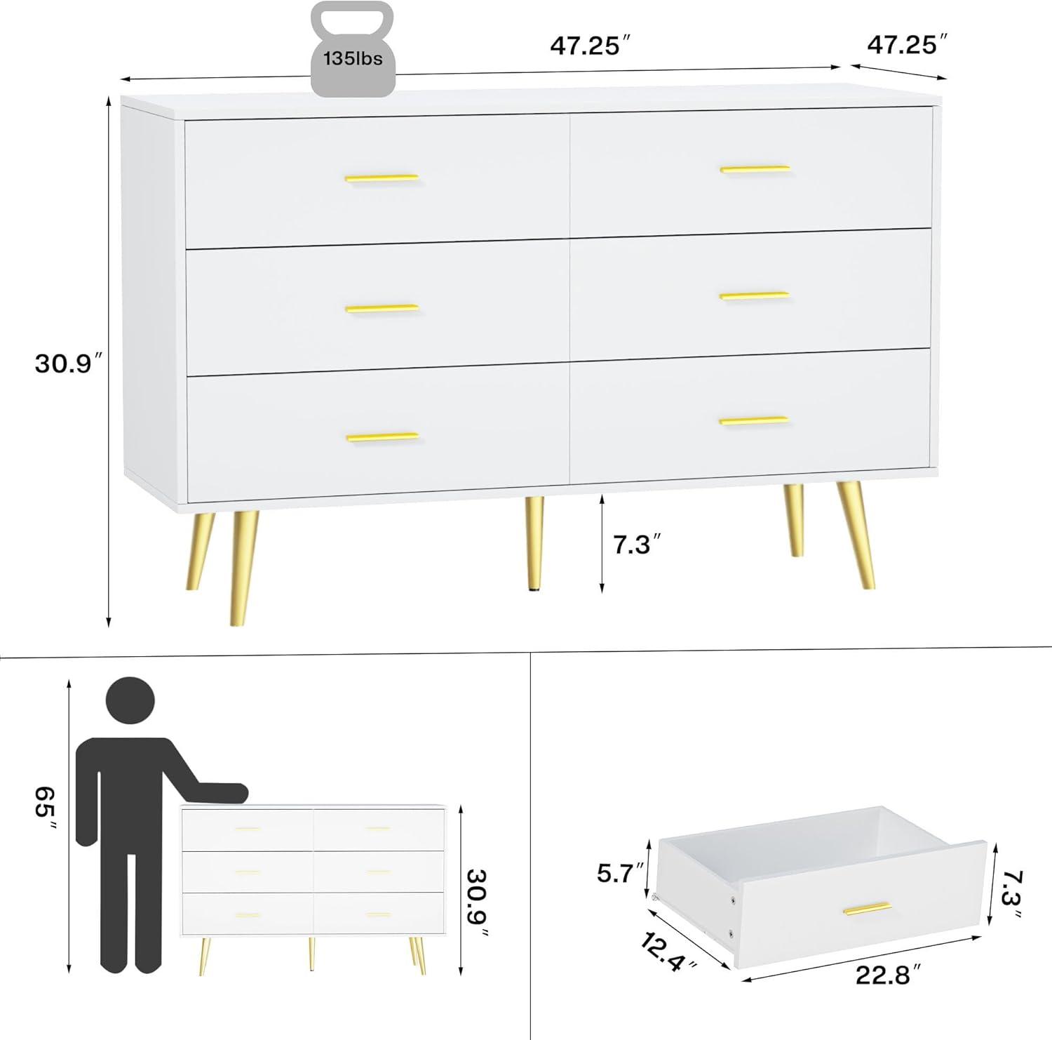 Danolapsi 6 Drawer Dresser,6-Drawer Chest of Drawers for Bedroom,Wooden Dresser with Gold Handles,Chest Dresser with Deep Drawers Modern Storage Drawers for Bedroom,Living Room and Entryway