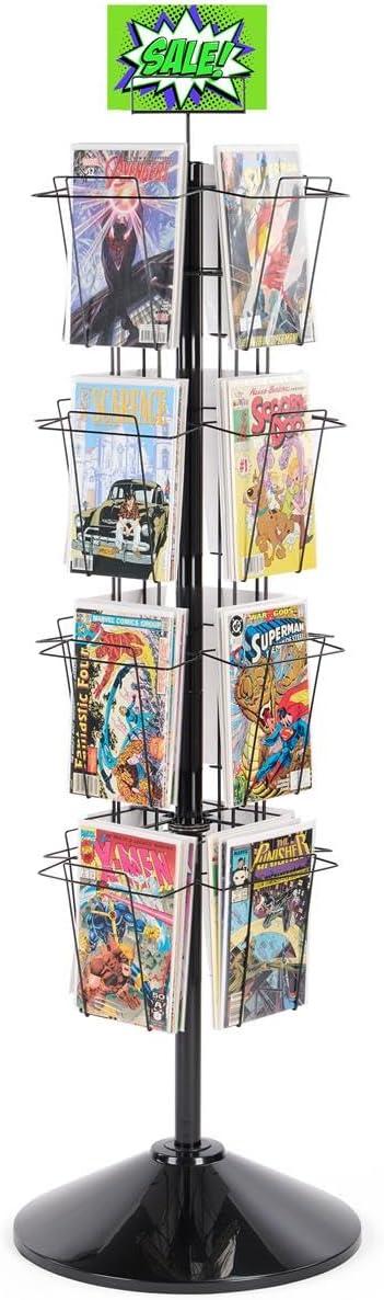 Rotating Wire Magazine Rack with 16 Pocket and Sign Holder - Black