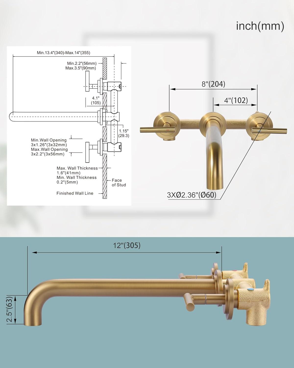 Double Handle Wall Mounted Bathroom Faucet in Solid Brass, Brused Gold