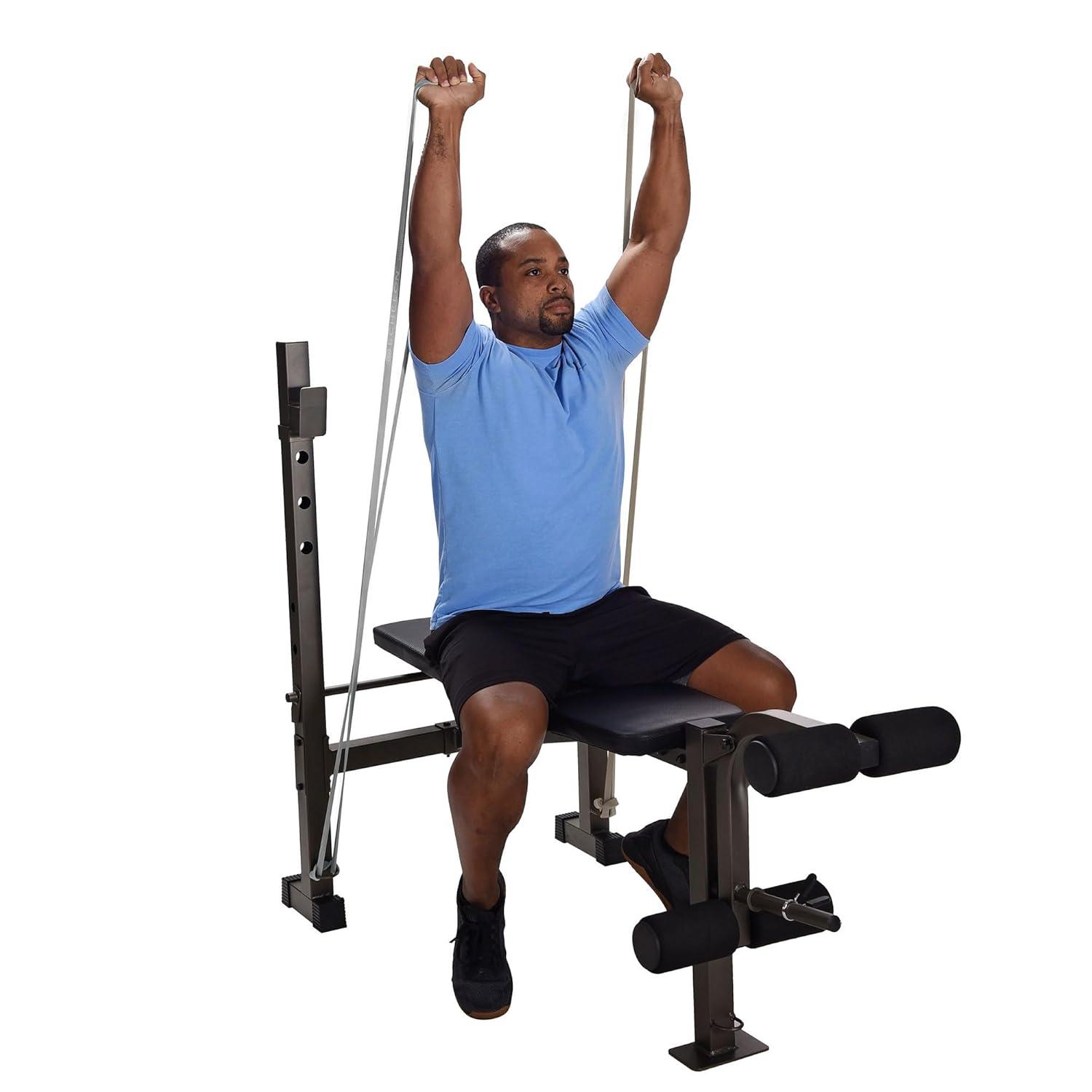 Stamina Adjustable Steel Weights Bench and Barbell Rack Combo Set with Resistance Band Anchor Points for Home Gym Workout or Exercise Equipment, Black