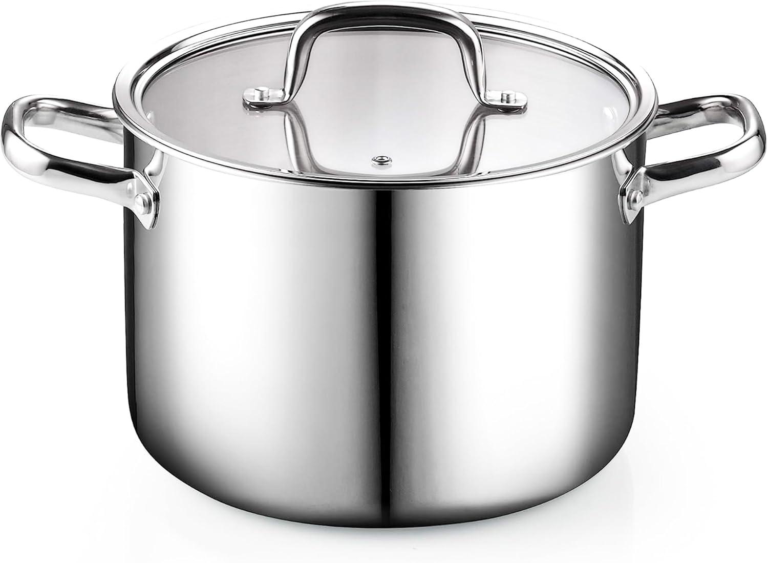 Cook N Home Stainless Steel Stockpot with Lid 6 Quart, Tri-Ply Clad Soup Pot, Induction Cooking pot, Silver