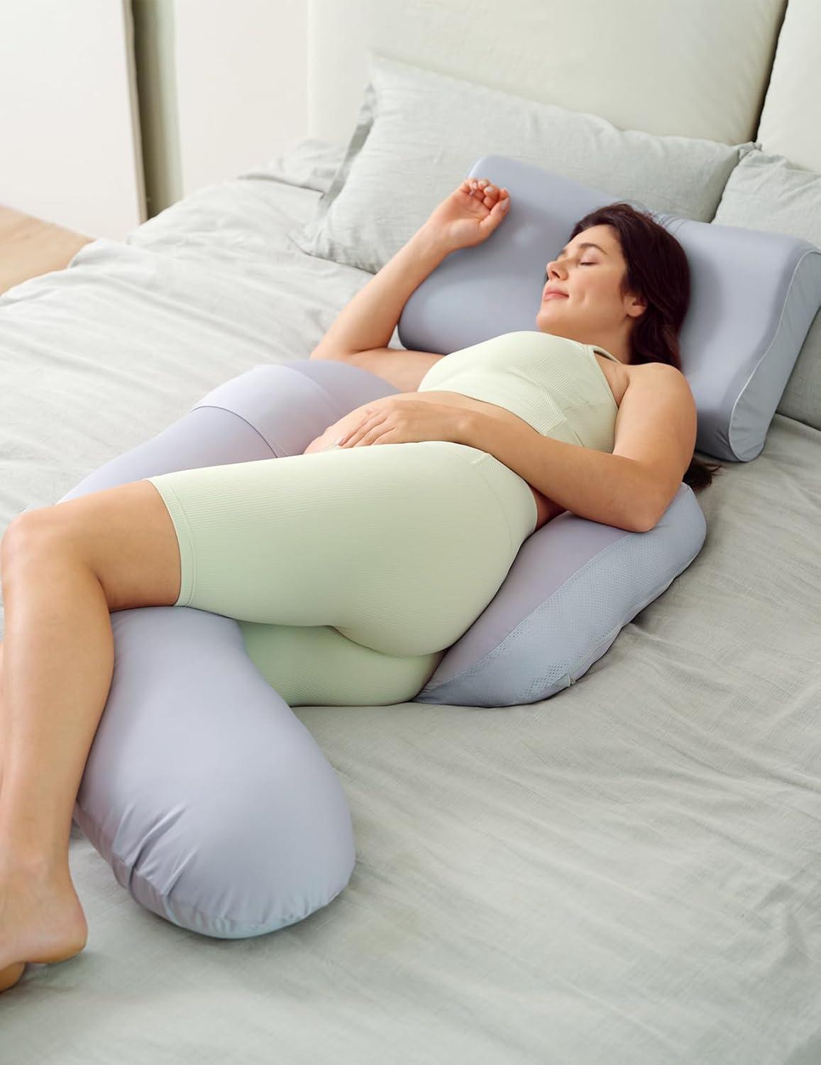 Momcozy Pregnancy Pillows with Cooling Cover, U-Shaped Full Body Maternity Pillow for Side Sleepers 57 inch Gray