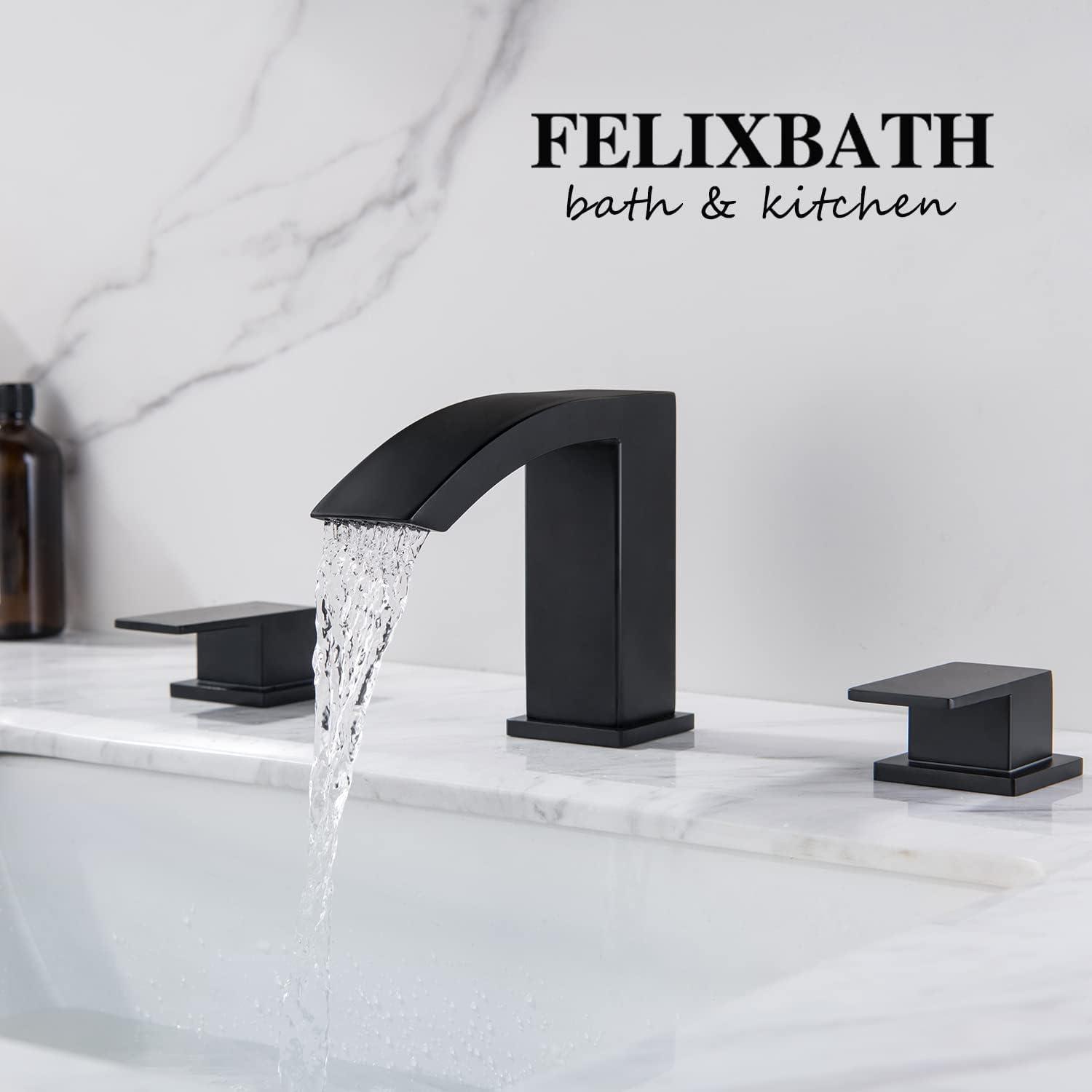 Waterfall Bathroom Sink Faucet, 3 Holes Two Handles Bathroom Faucet with Pop Up Drain and 2 Water Supply Lines, 8 inch Widespread Bathroom Sink Faucet Matte Black