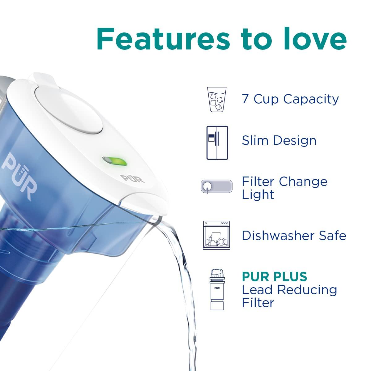 PUR PLUS 7 Cup Water Pitcher with Lead Reducing Filter, White, W 9.6" x H 10.1" x L 4.5", PPT711W