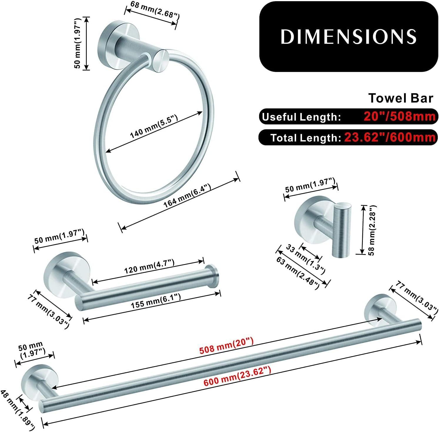 Orlif 4-Piece Bathroom Hardware Set，Brushed Nickel SUS304 Stainless Steel Wall Mounted Bathroom Accessories Kit Include Adjustable Expandable Towel Bar，Hand Towel Ring, Toilet Paper Holder, Robe Hook