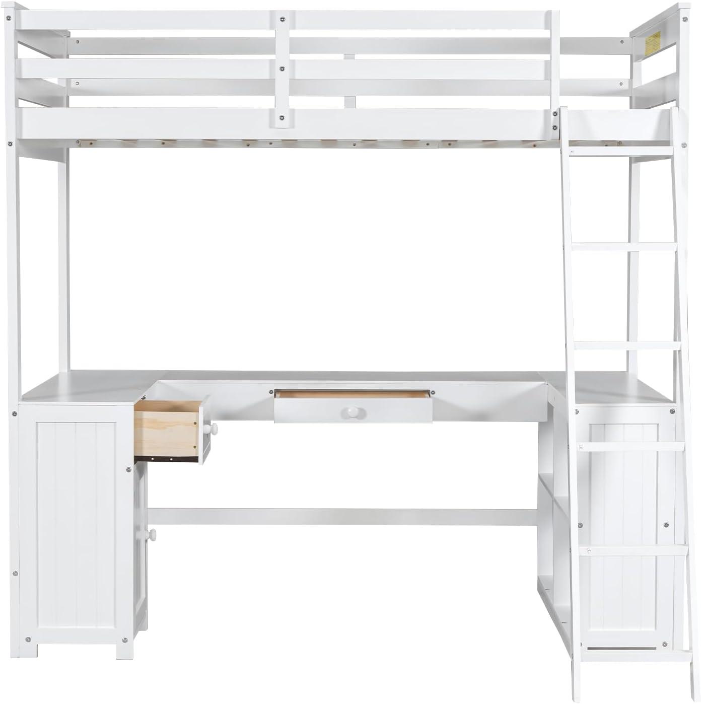 Bellemave Twin Size Loft Bed with U-shaped Desk,Wood Loft Bed Frame for Kids Teens with Drawers and Storage Shelves,No Box Spring Needed(White)
